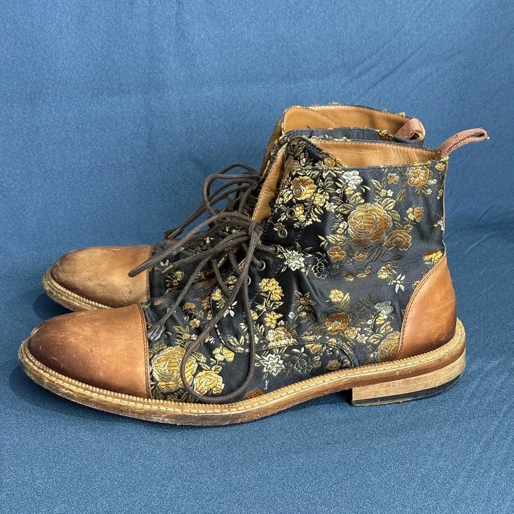 TAFT Mens Floral Cap Toe Lace Up Ankle Boots Brown Gold EU 42 US 9